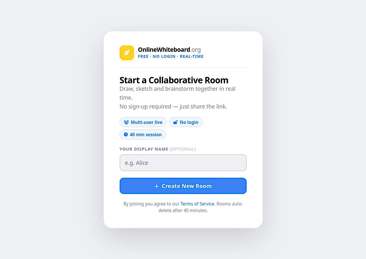 Free whiteboard for collaboration showing room creation page